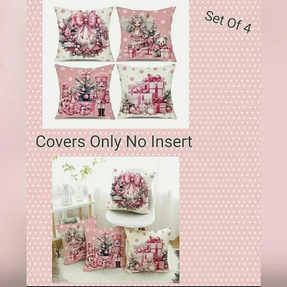 Holiday Christmas Pink Angel Boho Retro Pillow Covers Set 4 New